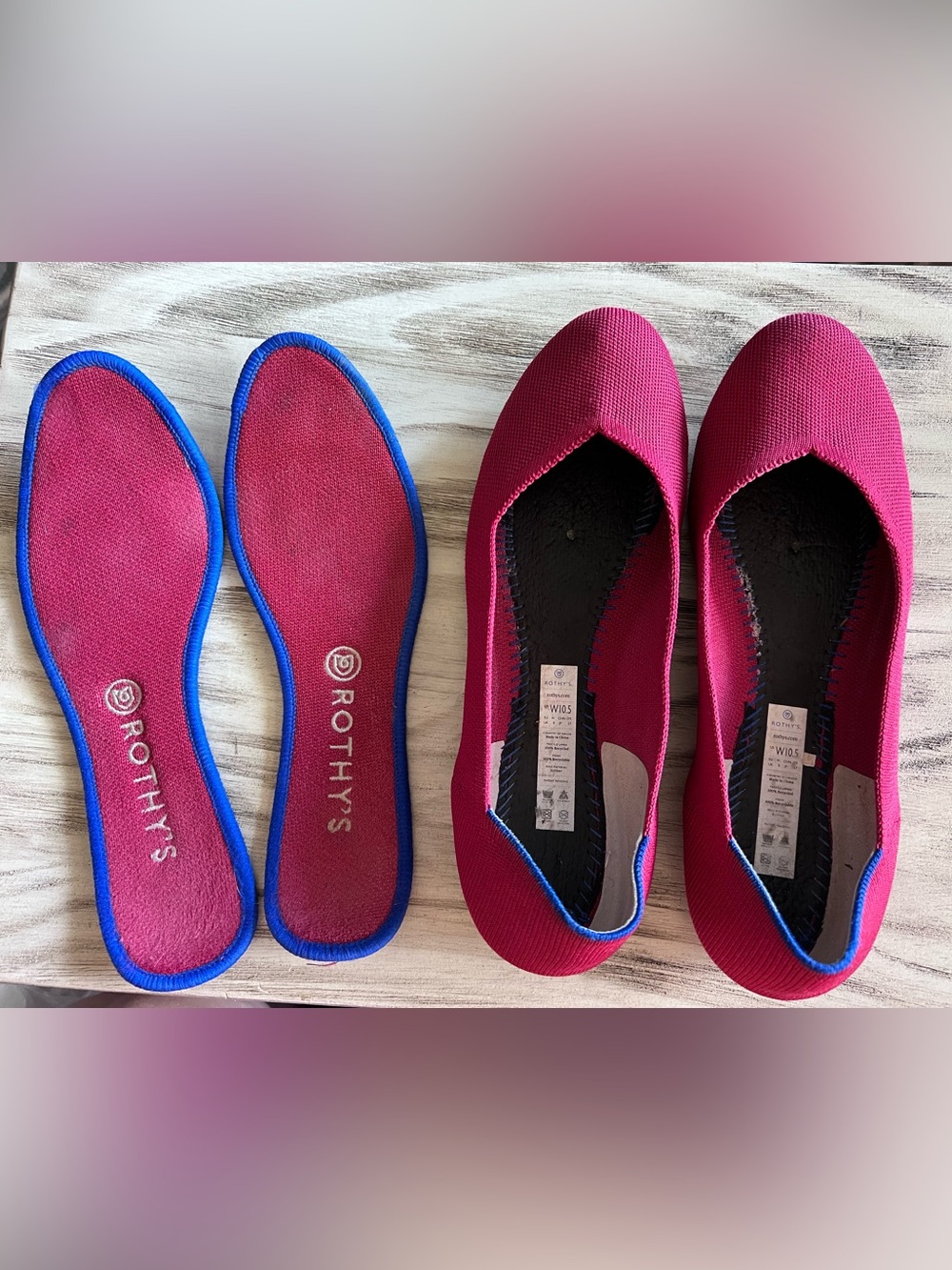 Rothy’s The Flat Red/rasberry Knit Ballet Flats Blue Trim Women’s 10.5